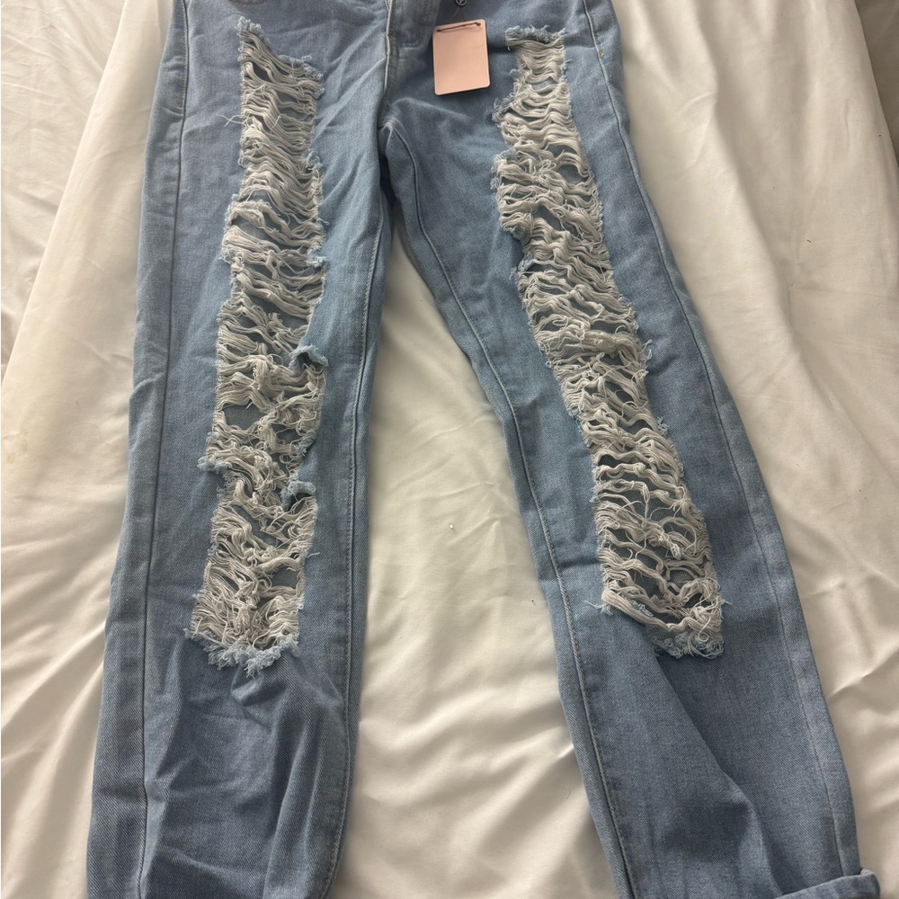 Trendy Distressed Blue boyfriend straight leg jeans